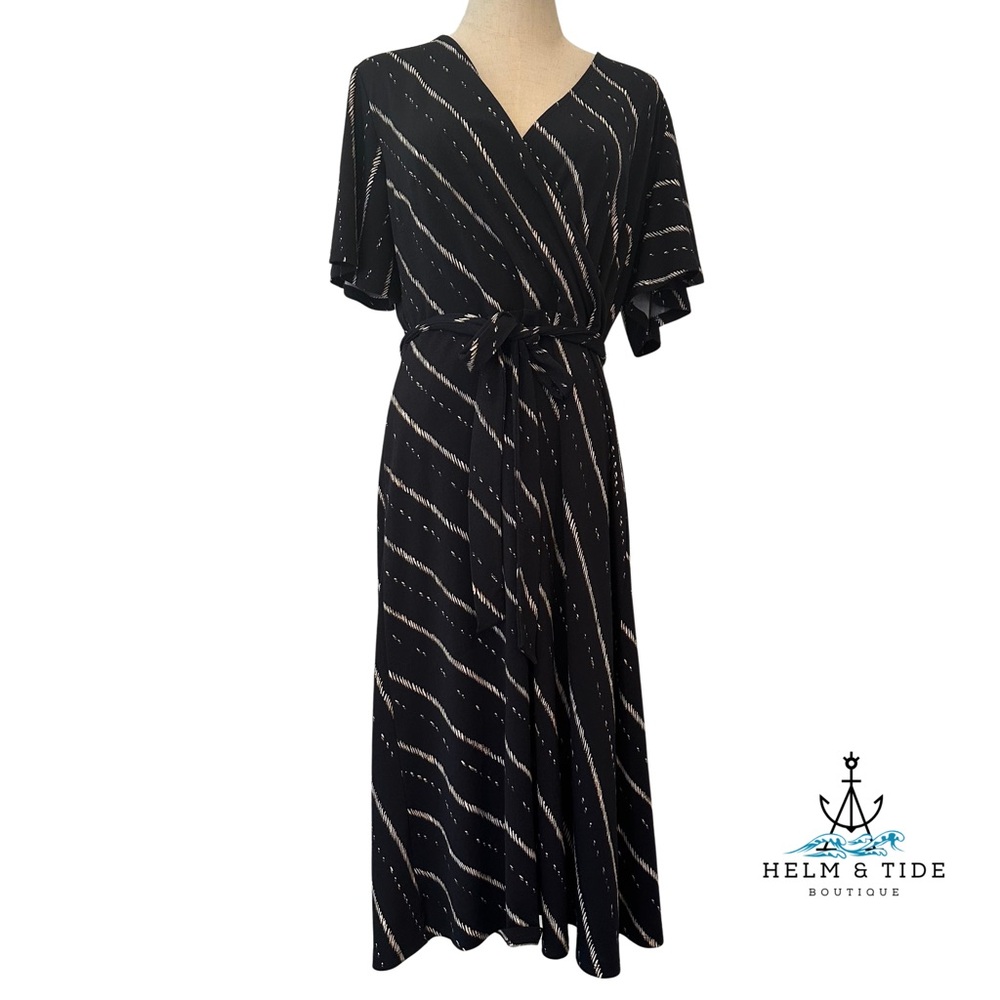 H&M | Chic Navy, Beige, and White Striped Midi Wrap Style Dress | L